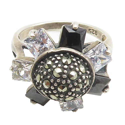 925 Silver  Vintage Cubic Zirconia & Hematite Cocktail Ring Sz 6  RG18027