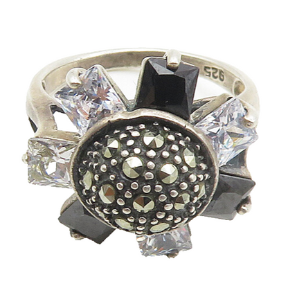 925 Silver  Vintage Cubic Zirconia & Hematite Cocktail Ring Sz 6  RG18027