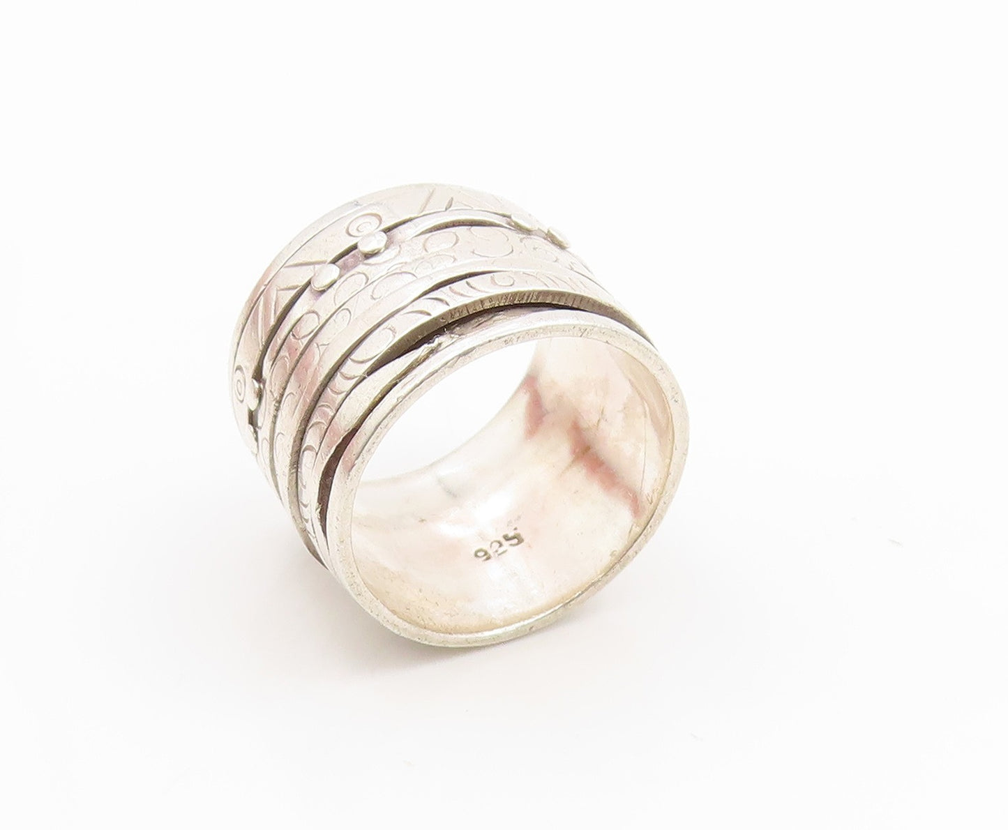 925 Sterling Silver Vintage Ring Etched Meditation Spinner Band  Sz 7.5  RG35109