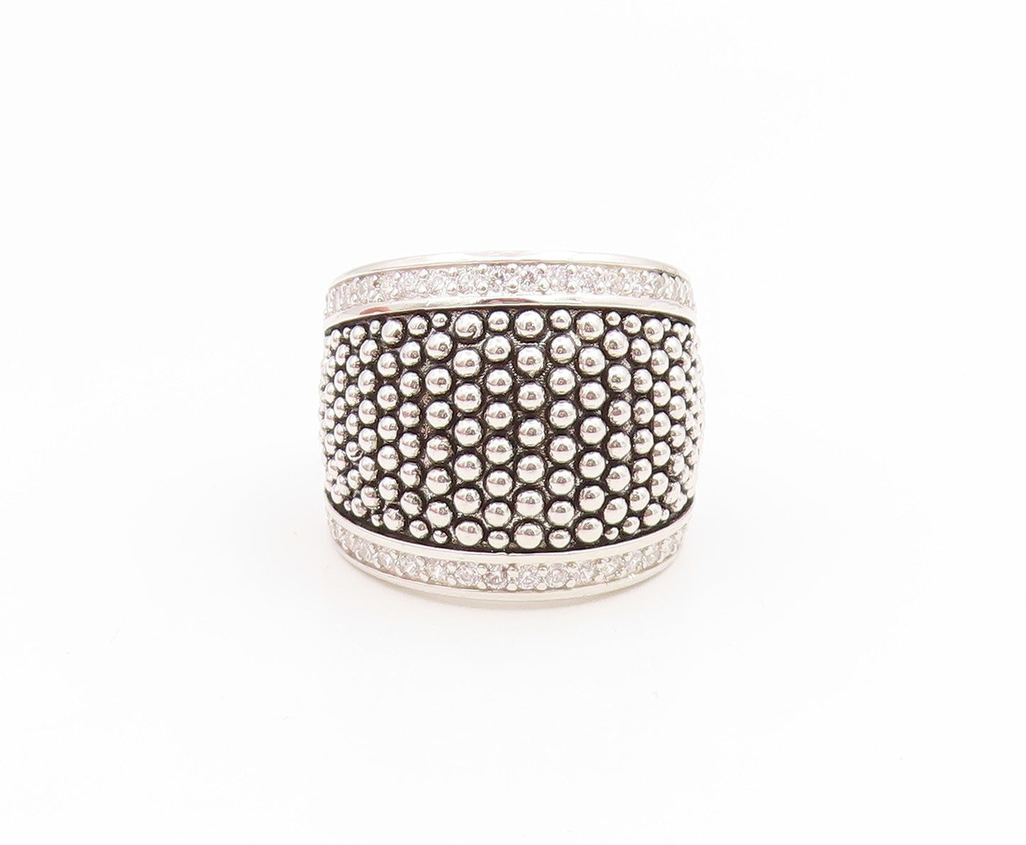 925 Sterling Silver Vintage Ring CZ Caviar Beaded Statement Band Sz 9.5 RG35252