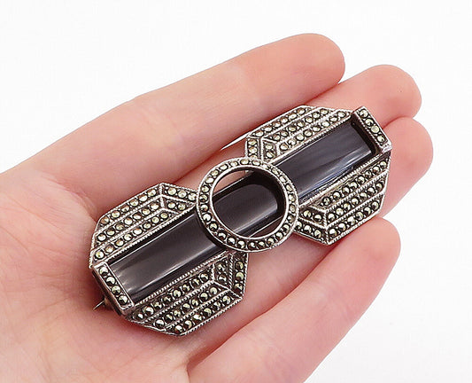 925 Sterling Silver  Vintage Black Onyx & Marcasite Bow Tie Brooch Pin  BP1932