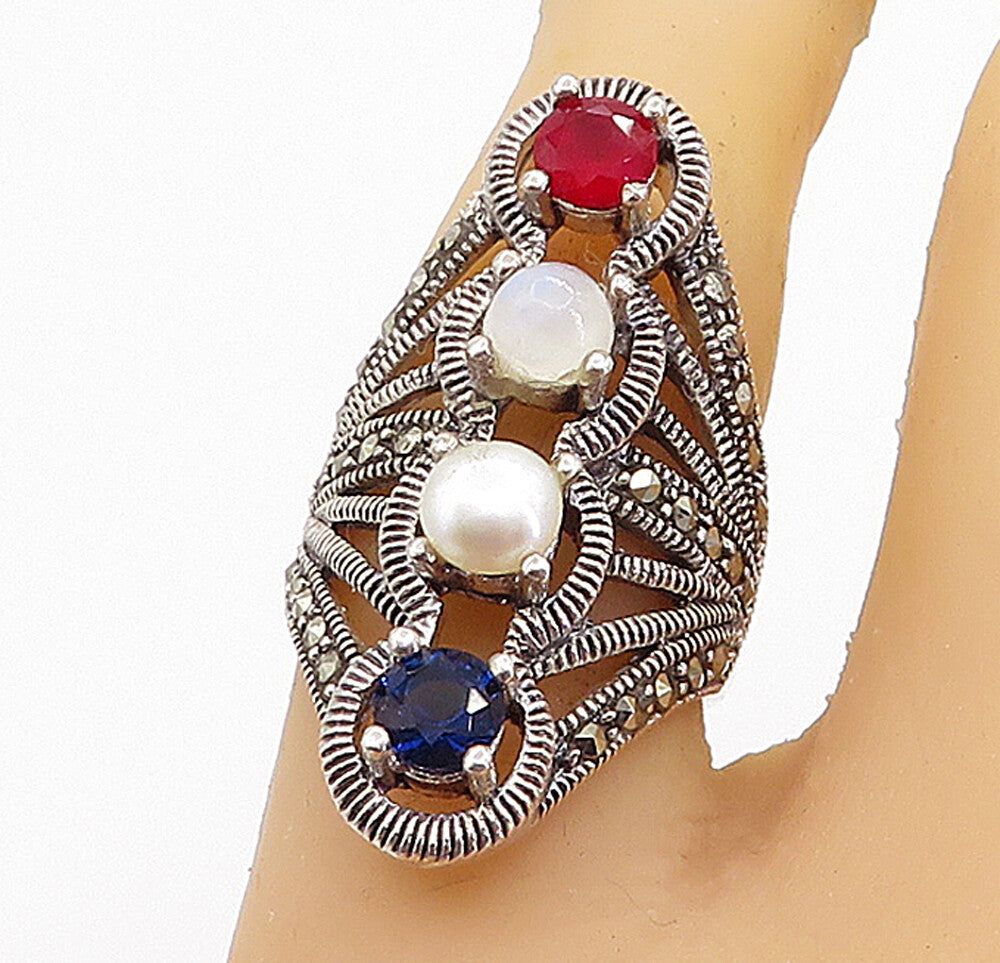925 Silver  Vintage Pearl Moonstone & Topaz Split Cocktail Ring Sz 6  RG8127