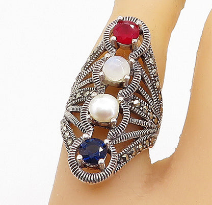 925 Silver  Vintage Pearl Moonstone & Topaz Split Cocktail Ring Sz 6  RG8127