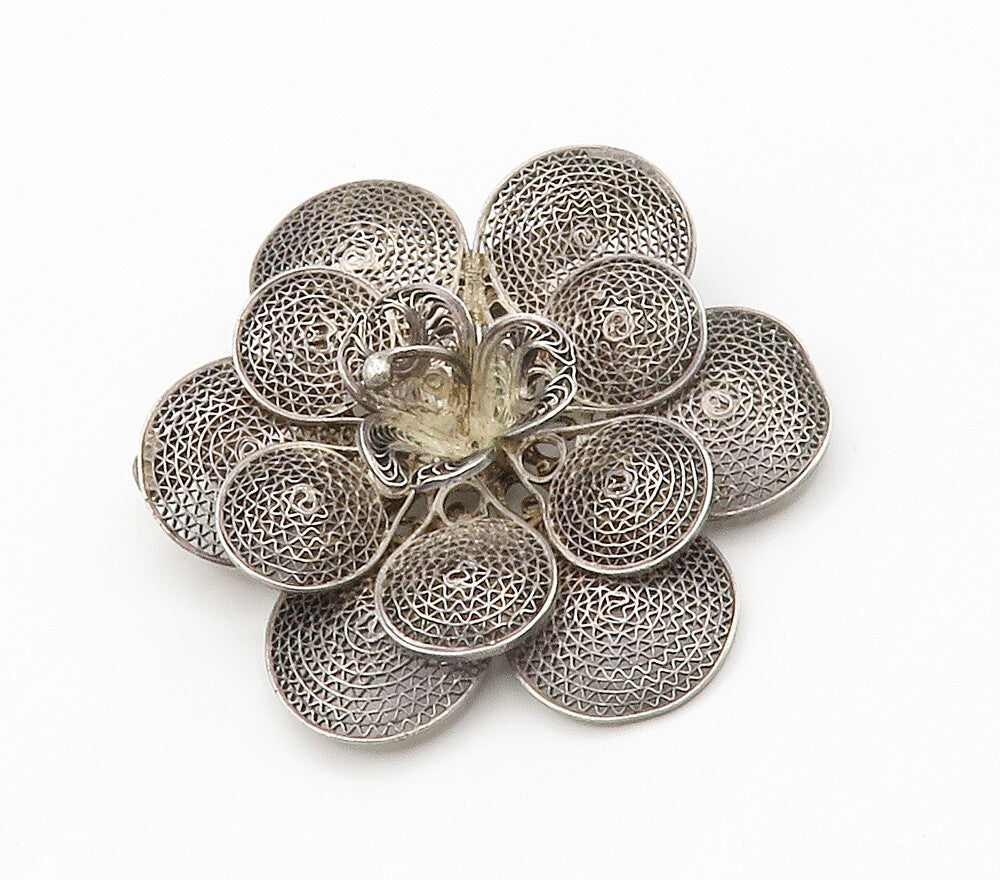 MEXICO 925 Sterling Silver  Vintage Filigree Flower Motif Brooch Pin  BP5897