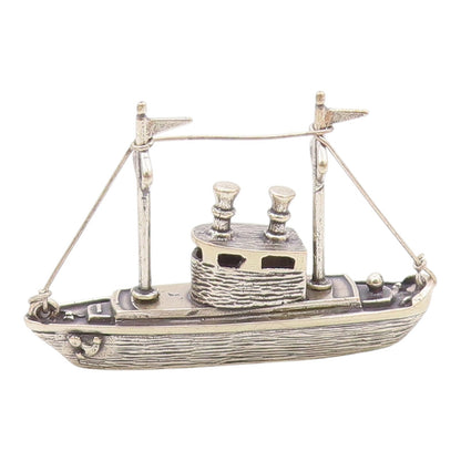 925 Sterling Silver  Vintage Shiny Tug Boat Motif Table Trinket  TR2751