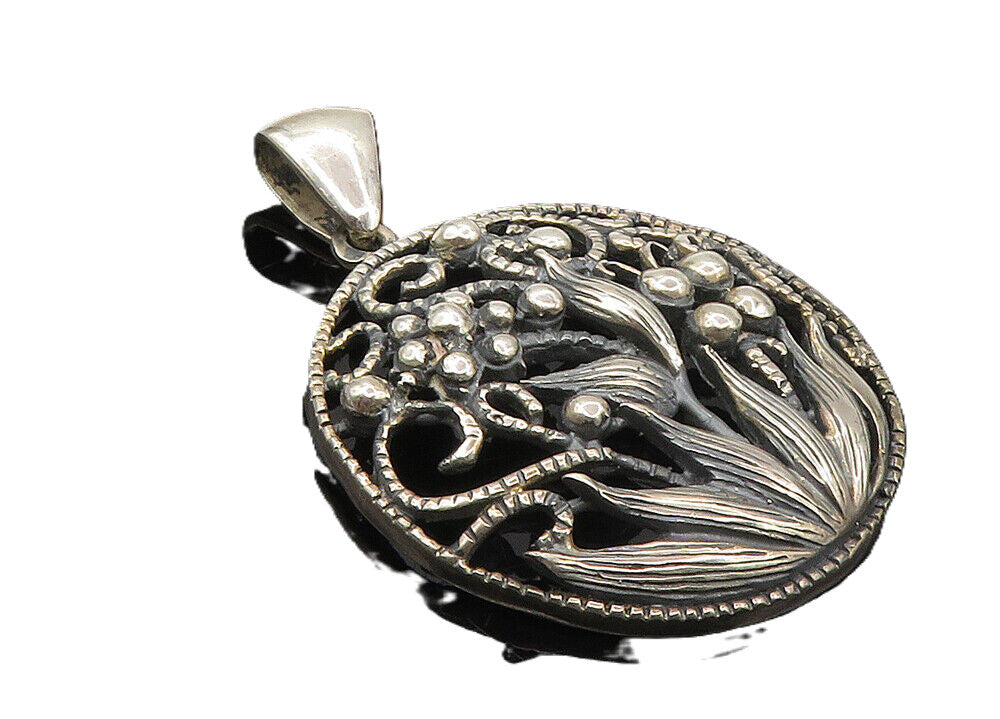 MEXICO 925 Sterling Silver  Vintage Dark Tone Blooming Flowers Pendant  PT7932