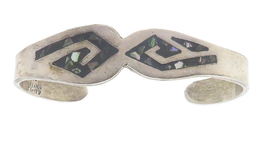 MEXICO 925 Sterling Silver  Vintage Abalone Shell Mosaic Cuff Bracelet  BT4776