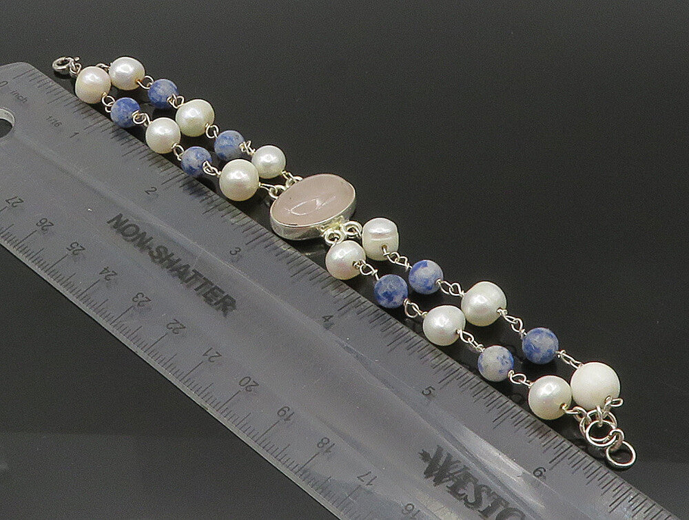 925 Sterling Silver  Rose Quartz & Freshwater Pearls Chain Bracelet  BT1165