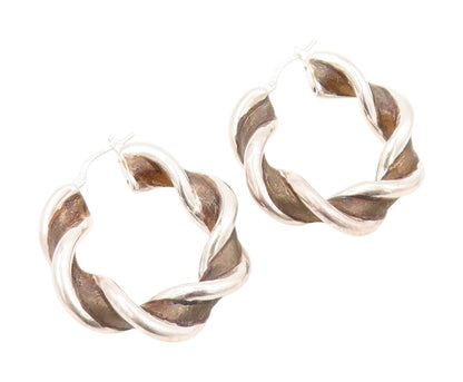 925 Sterling Silver Vintage Earrings Designer Twisted Rope Cutout Hoops  EG13413