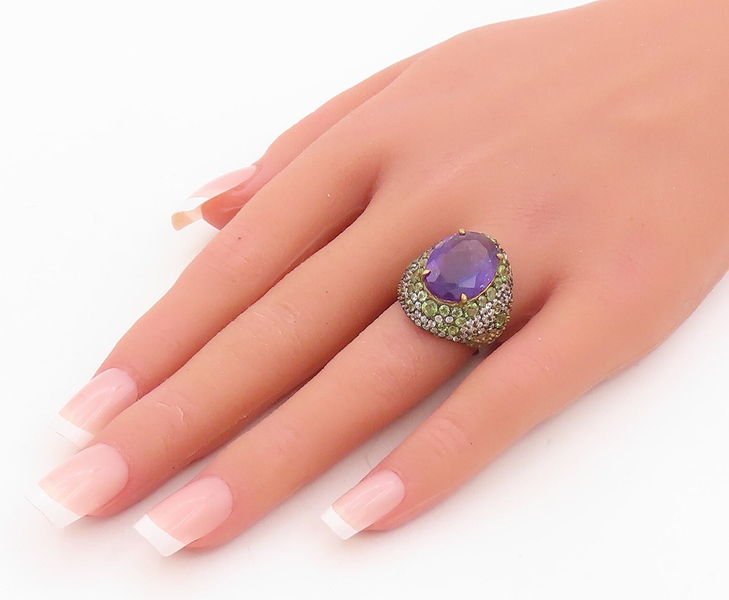 925 Sterling Silver Vintage Ring Gold Plate Amethyst Peridot & CZ  Sz 7  RG30160