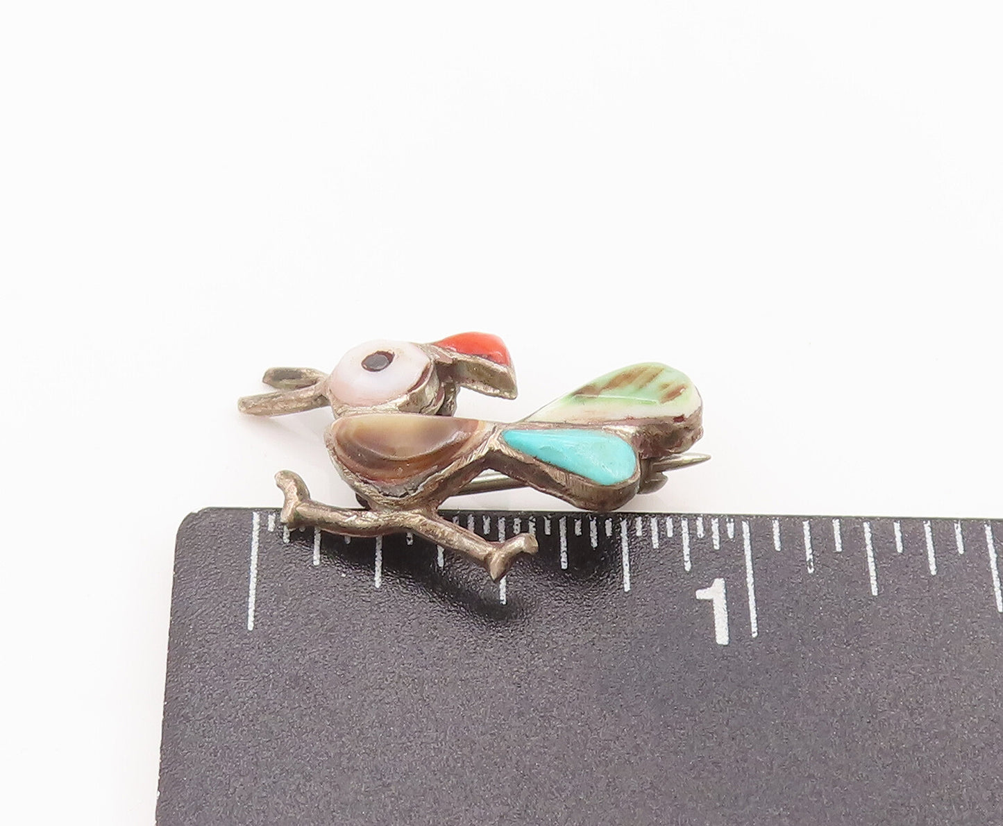 925 Sterling Silver Vintage Brooch Pin NAVAJO ZUNI Gems Cocktail Bird  BP10687