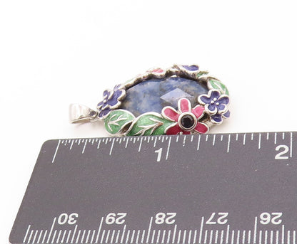 925 Sterling Silver Vintage Pendant Oval Gemstone Halo Enameled Flowers  PT24157