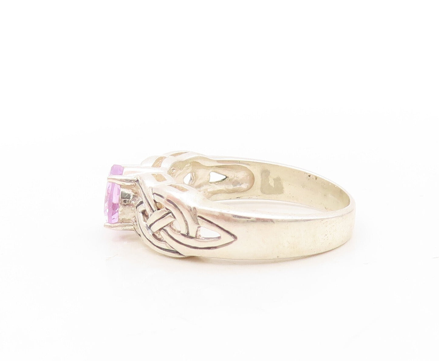 925 Sterling Silver Vintage Ring Celtic Design Cut Heart Amethyst Sz 8.5 RG31147
