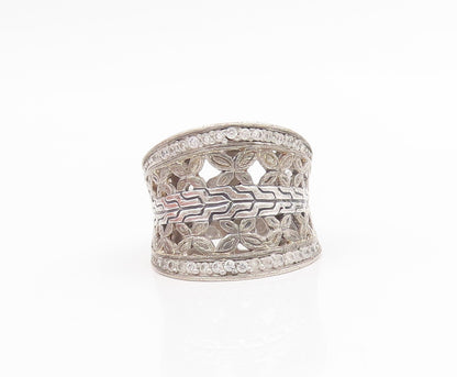 925 Sterling Silver Vintage Ring CZ Floral Openwork Wide Band  Sz 8.5  RG34372