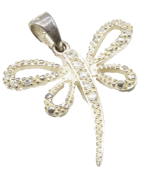 925 Sterling Silver Vintage White Topaz Dragonfly Motif Drop Pendant PT9850