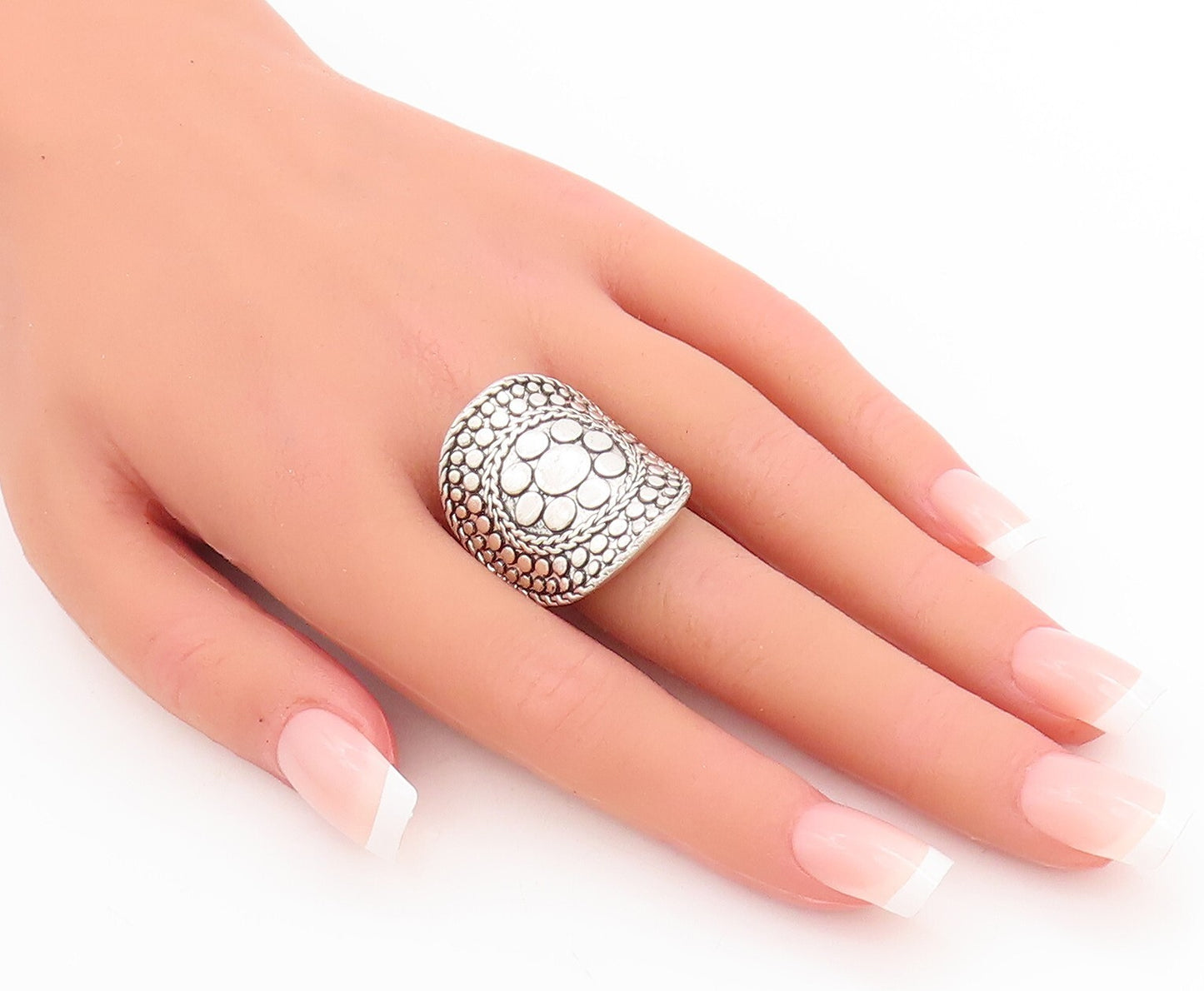 925 Sterling Silver Vintage Ring Bead Etched Circular Pattern  Sz 9  RG28701