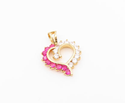925 Sterling Silver  Vintage Gold Plated Red & white CZ Heart Pendant  PT22016