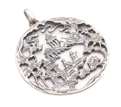 925 Sterling Silver Vintage Pendant NAPIER Dark Tone Village Landscape  PT23841