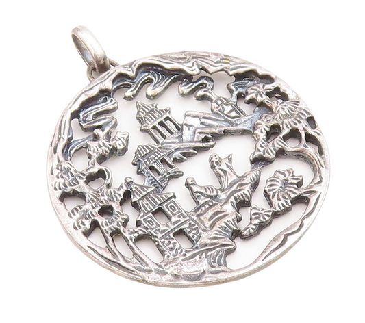 925 Sterling Silver Vintage Pendant NAPIER Dark Tone Village Landscape  PT23841