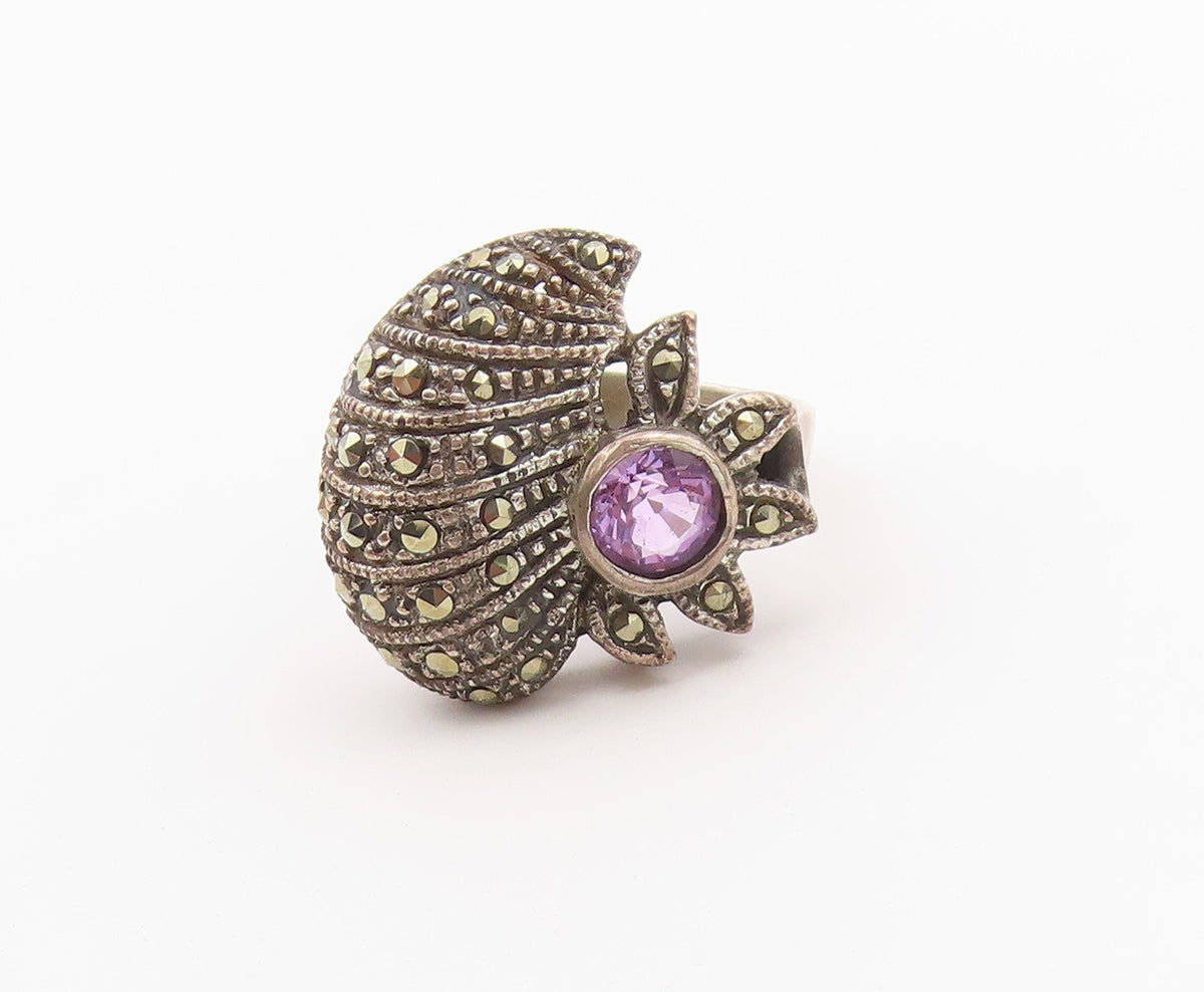 925 Sterling Silver Vintage Ring Amethyst Floral Statement Band  Sz 8.5  RG36487