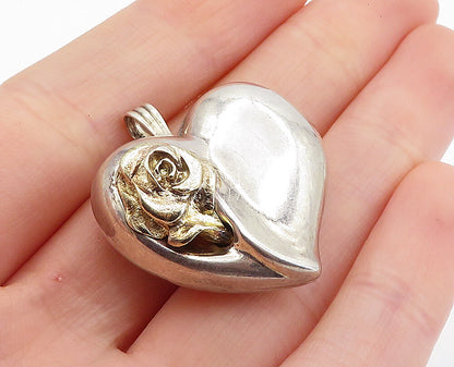 GORHAM 925 Sterling Silver  Vintage Rose Flower Love Heart Pendant  PT4351
