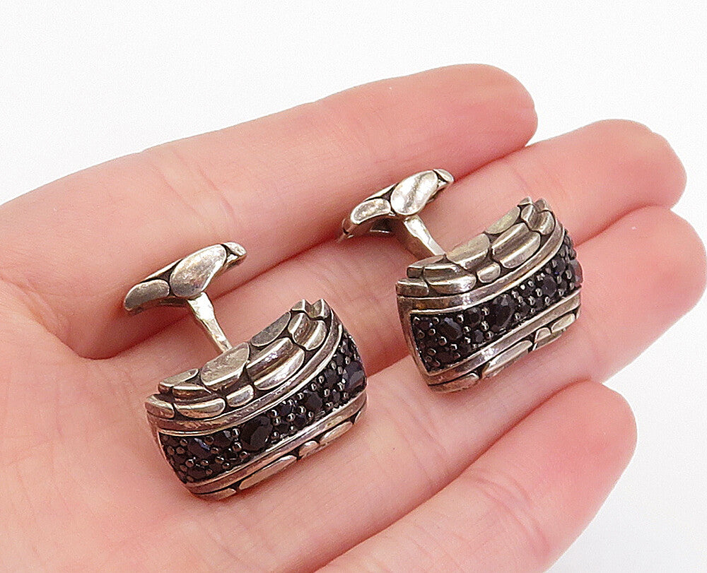 JOHN HARDY 925 Silver  Vintage Black Sapphire Cobble Detail Cuff Links  TR1077