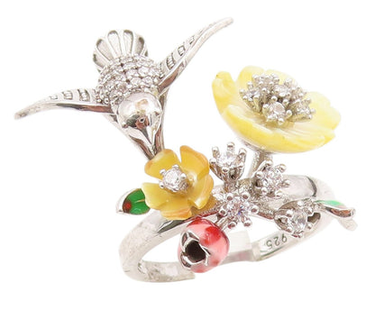 925 Sterling Silver Vintage Ring Round CZ Hummingbird Floral Band  Sz 7  RG34526