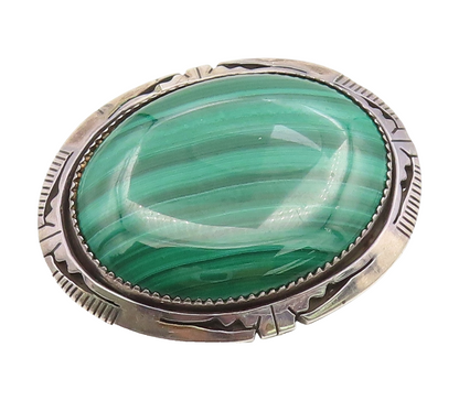 925 Sterling Silver Vintage Brooch Pin NAVAJO Oval Cabochon Malachite  BP12341
