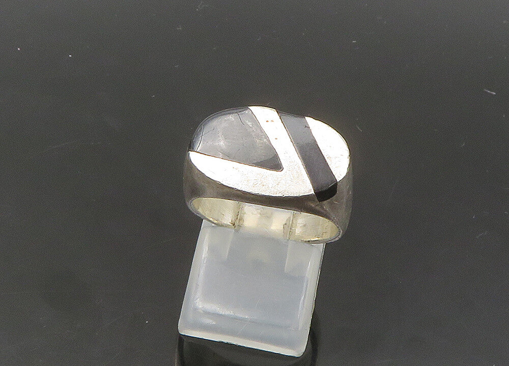 MEXICO 925 Silver  Vintage Inlaid Black Onyx Dome Band Ring Sz 7  RG21740