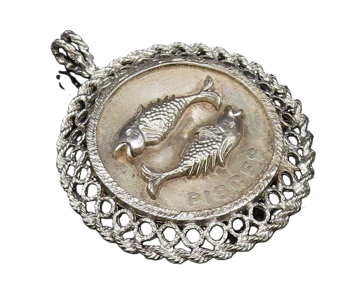 925 Sterling Silver  Vintage Openwork Pisces Fish Astrology Pendant  PT21852