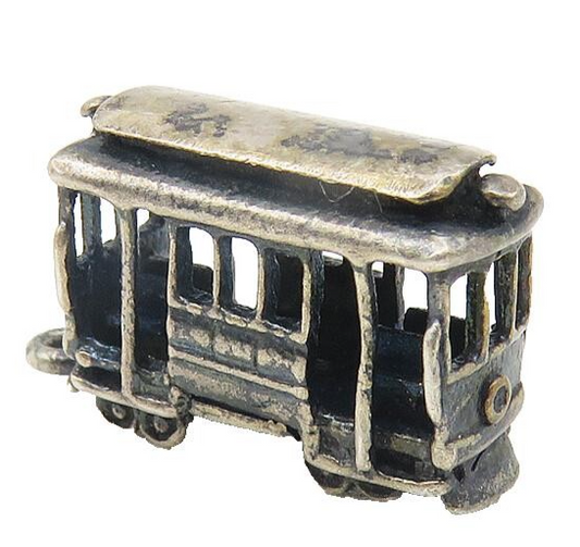 925 Sterling Silver  Vintage Petite Dark Tone Trolley Car Drop Pendant  PT9246