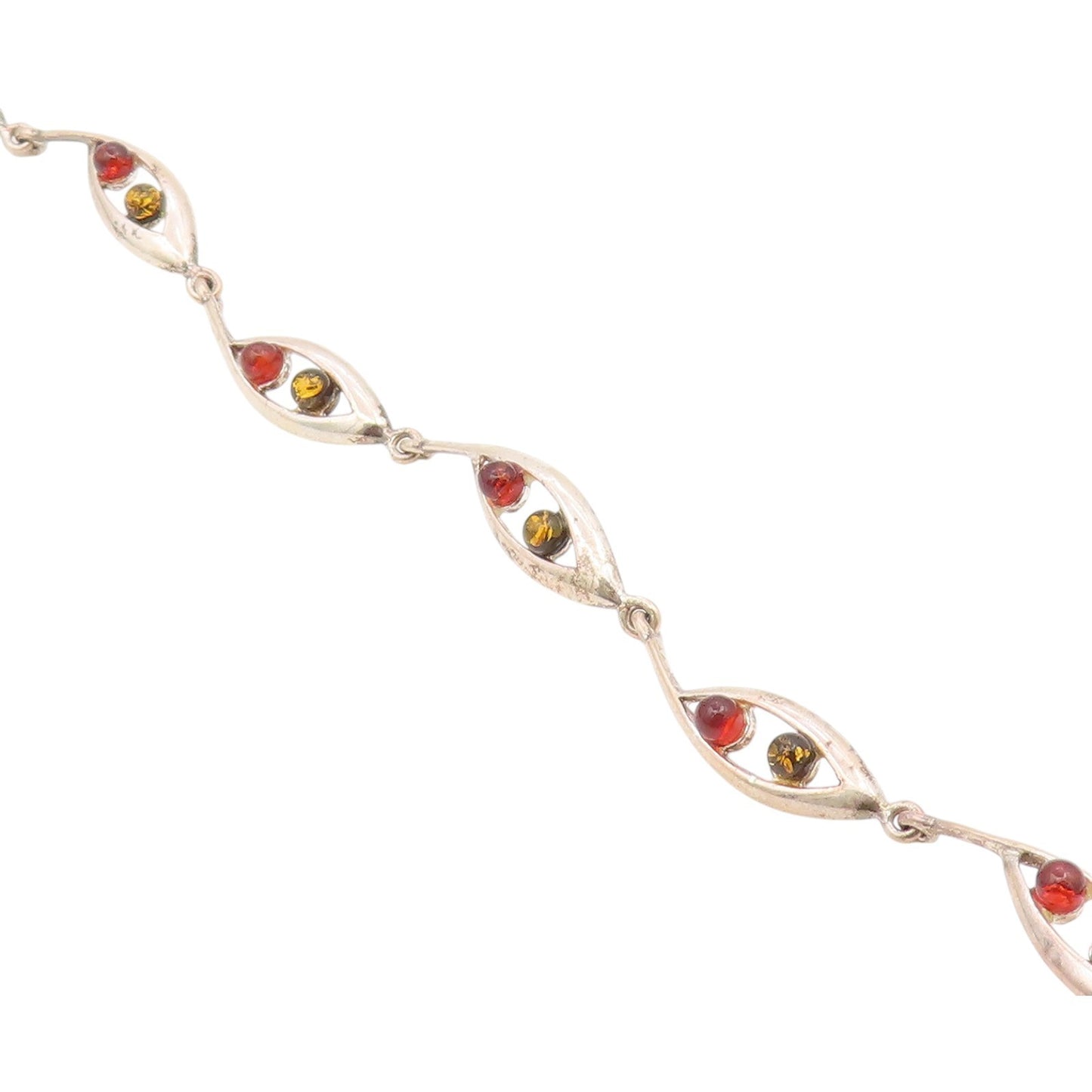 925 Sterling Silver  Vintage Petite Cabochon Cut Amber Chain Bracelet  BT8772