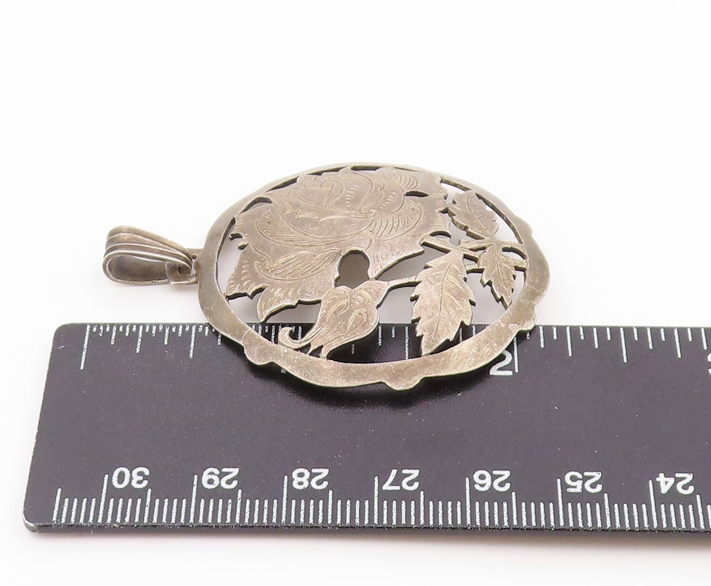 925 Sterling Silver Vintage Pendant Etched Openwork Floral Rose Medal  PT26464