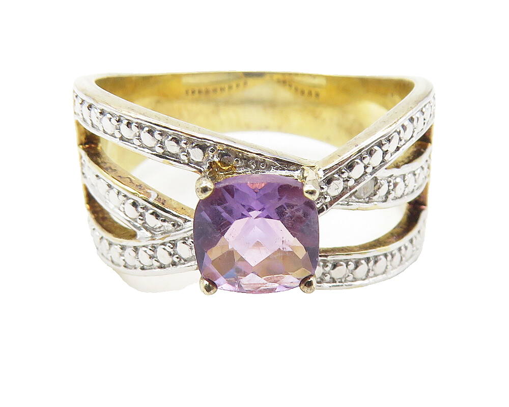 925 Sterling Silver  Amethyst & Genuine Diamond 2 Tone Band Ring Sz 8  RG11562