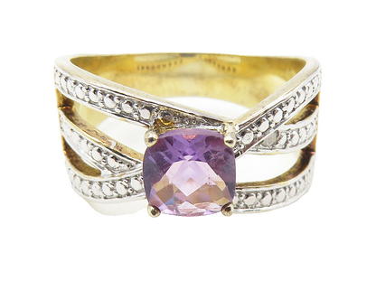 925 Sterling Silver  Amethyst & Genuine Diamond 2 Tone Band Ring Sz 8  RG11562