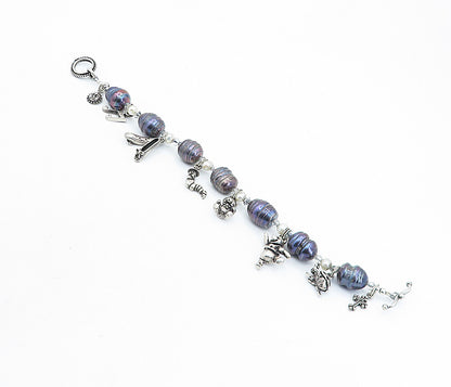 925 Sterling Silver  Vintage Blue & White Pearls Teddy Charm Bracelet  BT2607