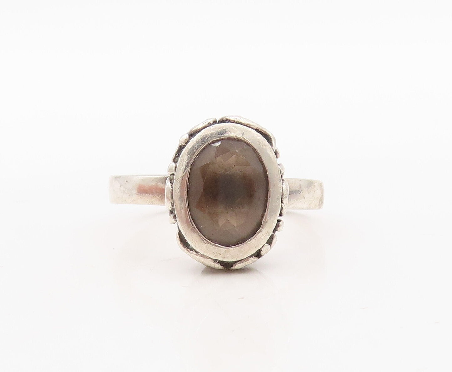 925 Sterling Silver Vintage Ring Dark Tone Carved Smoky Quartz  Sz 10  RG31137