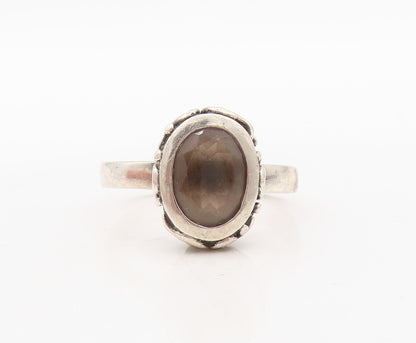 925 Sterling Silver Vintage Ring Dark Tone Carved Smoky Quartz  Sz 10  RG31137