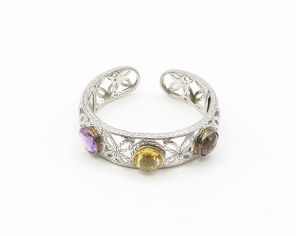 925 Silver & 14K GOLD  Topaz Amethyst & Citrine Floral Cuff Bracelet  BT7172