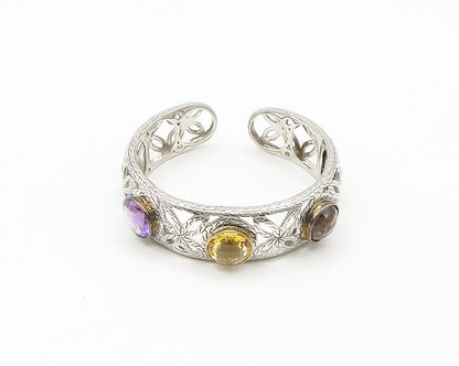 925 Silver & 14K GOLD  Topaz Amethyst & Citrine Floral Cuff Bracelet  BT7172