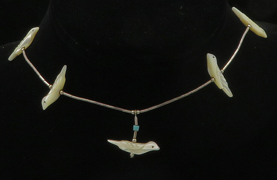 SOUTHWESTERN 925 Silver Vintage Mother Of Pearl & Turquoise Necklace NE2680