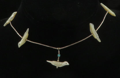 SOUTHWESTERN 925 Silver Vintage Mother Of Pearl & Turquoise Necklace NE2680