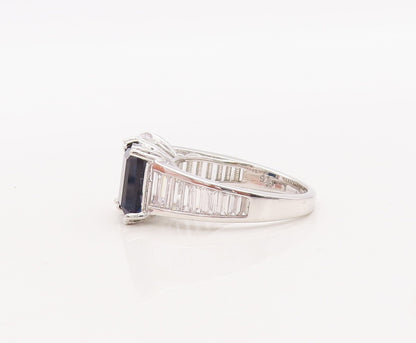 925 Sterling Silver Vintage Ring Rectangle Cut Sapphire & CZ  Sz 7.5  RG29523