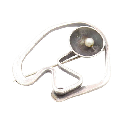 925 Sterling Silver Vintage Brooch Pearl Dark Tone Brutalist Design Cut  BP11512