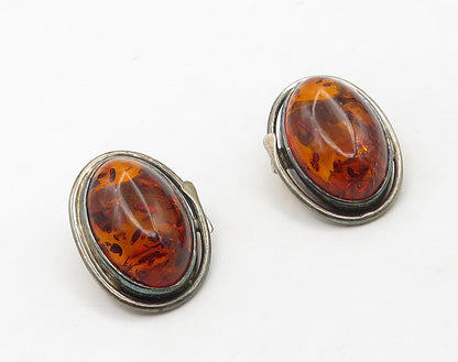 925 Sterling Silver  Vintage Cabochon Cut Amber Non Pierce Earrings  EG8274