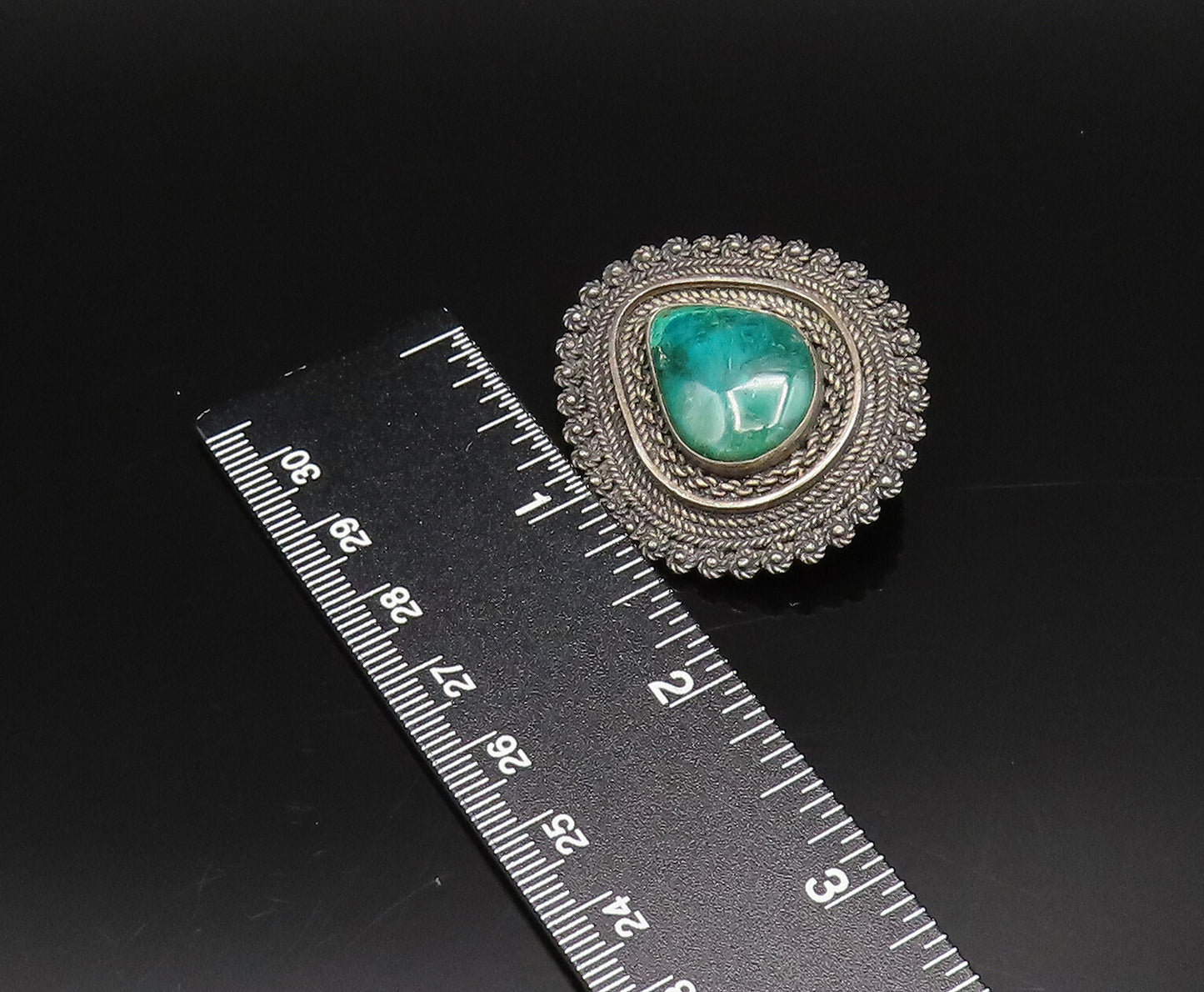 ISRAEL 925 Sterling Silver Vintage Rope Twist & Chrysocolla Brooch Pin BP10026