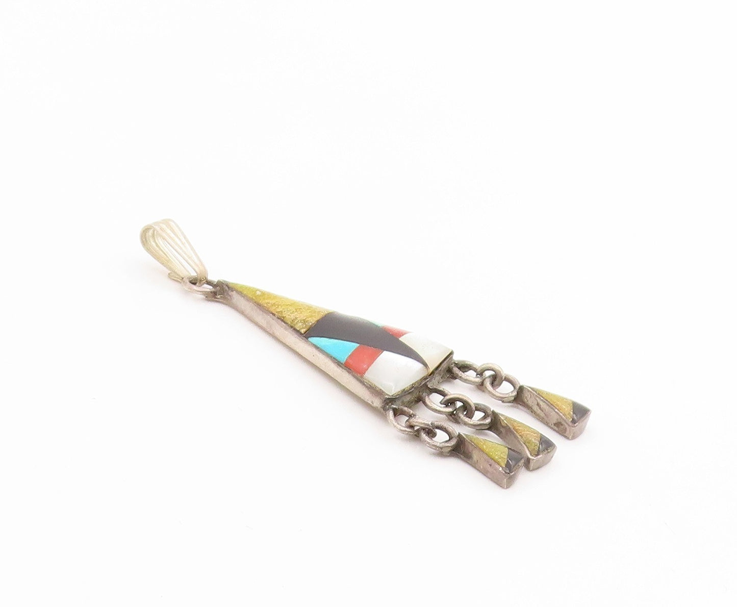 925 Sterling Silver Vintage Pendant SOUTHWESTERN Multi Gemstone Inlay PT25671