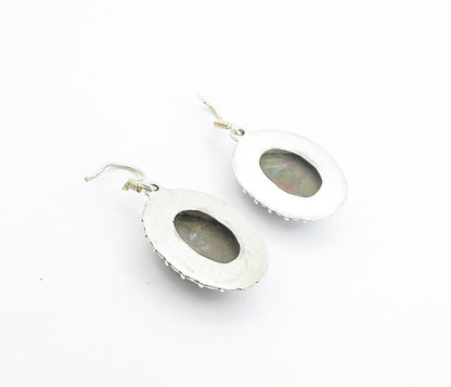 925 Sterling Silver  Vintage Unakite Circle Border Dangle Earrings  EG3557
