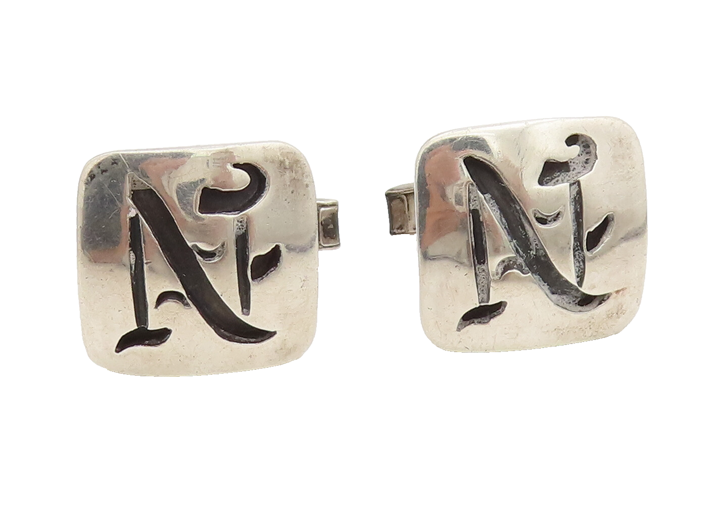 RANCHO ALEGRE 925 Sterling Silver Vintage Carved Calligraphy N Cuff Links TR3521