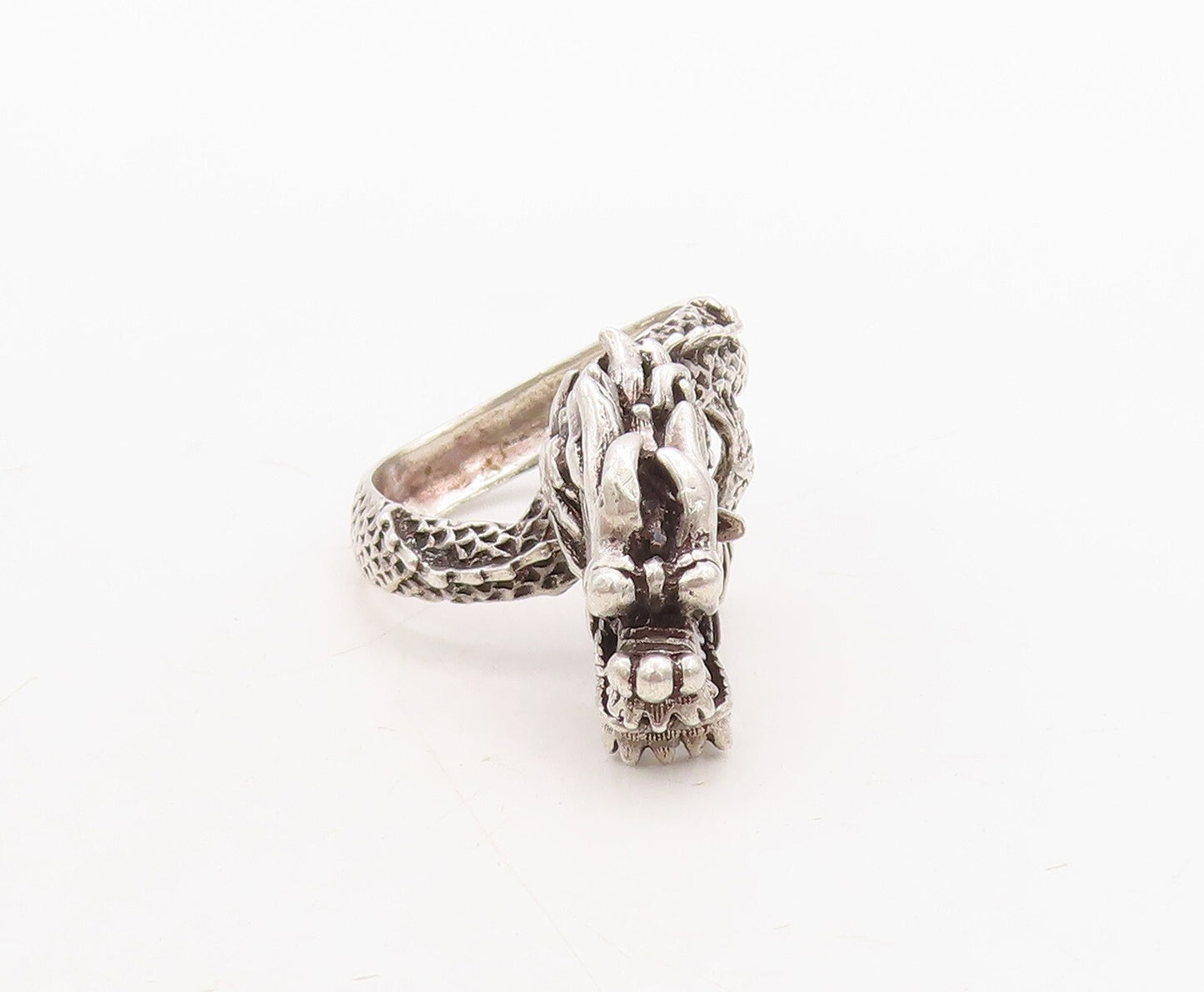 925 Sterling Silver Vintage Ring Dark Tone Carved Angry Dragon  Sz 9  RG31692